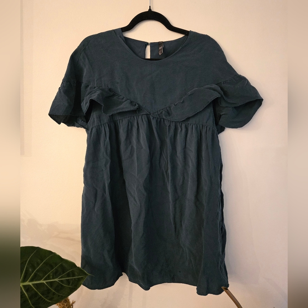 ZARA trf collection ruffled mini shirt dress/hidden romper in teal blue green